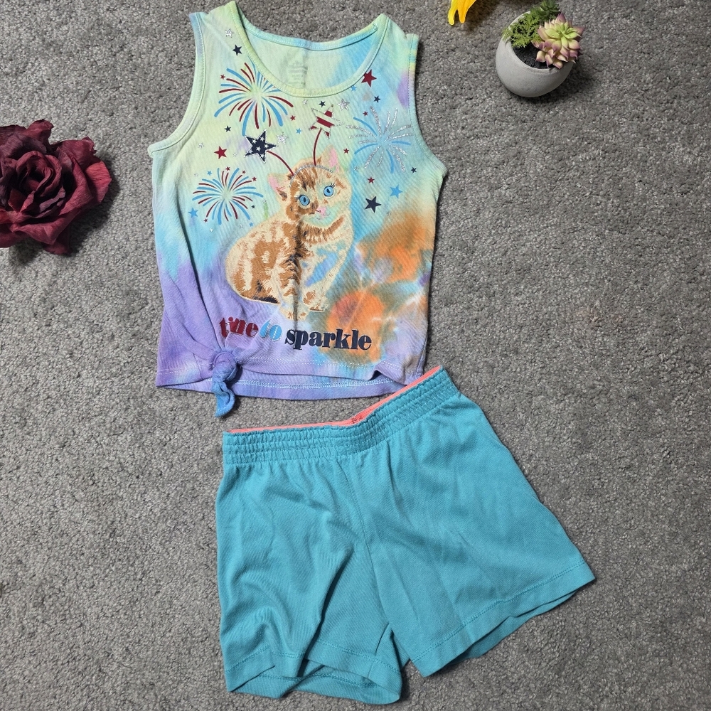 Girl's XS Summer Outfit Tie Dye with Cat and Fireworks, Patriotic Cute Style